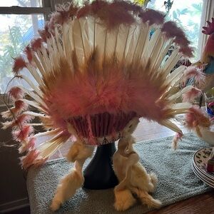 Vintage Authentic Huntress Warrior Headdress Rabbit Feathered Beaded Leather